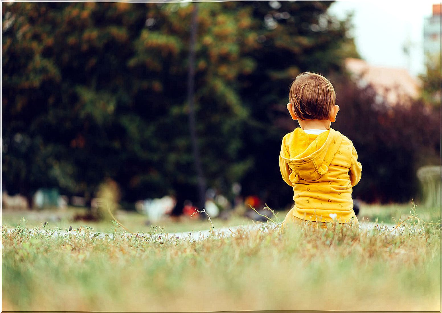 Boy sitting alone in a park.