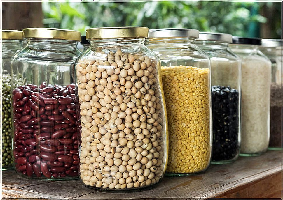 Legumes in glass jars.