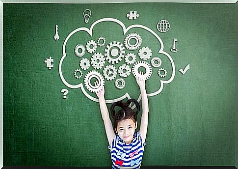 Girl with some gears on her head representing convergent and divergent thinking.